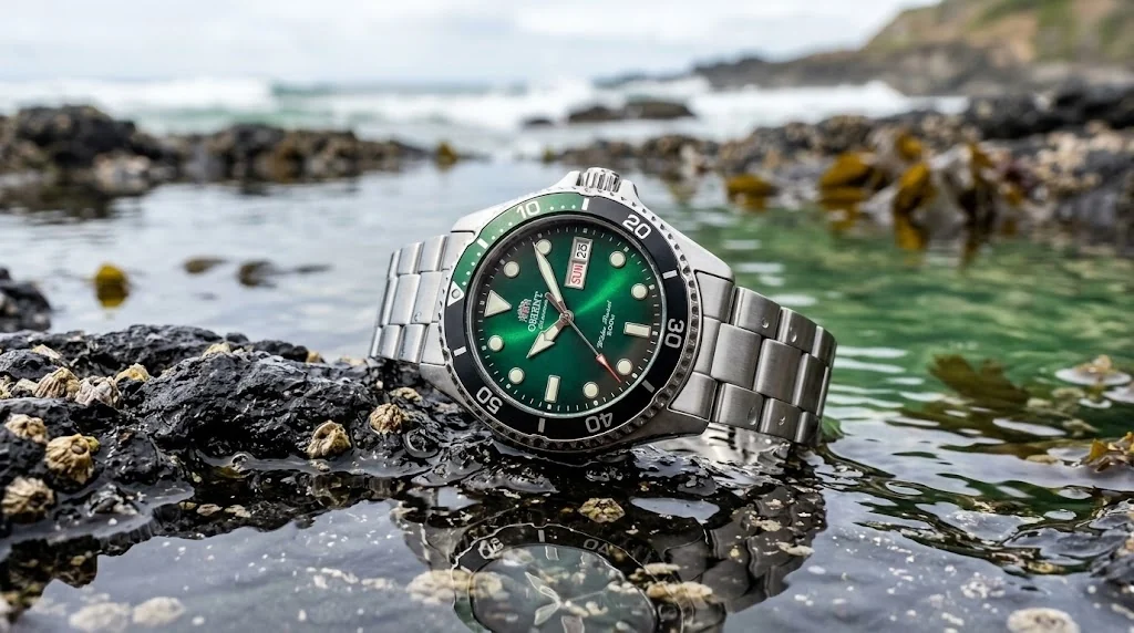 Illustrative render — hero view of the Orient Mako 40 Green