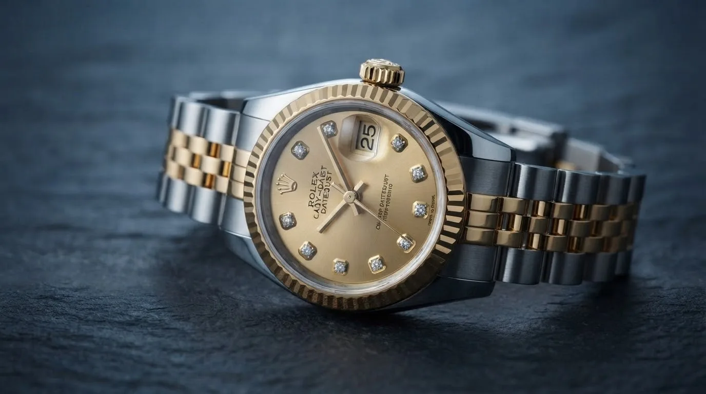 Illustrative render — hero view of the Rolex Lady-Datejust 26 (steel and 18k yellow gold, champagne diamond dial, fluted bezel, Jubilee bracelet, box and dated card, pre-owned)