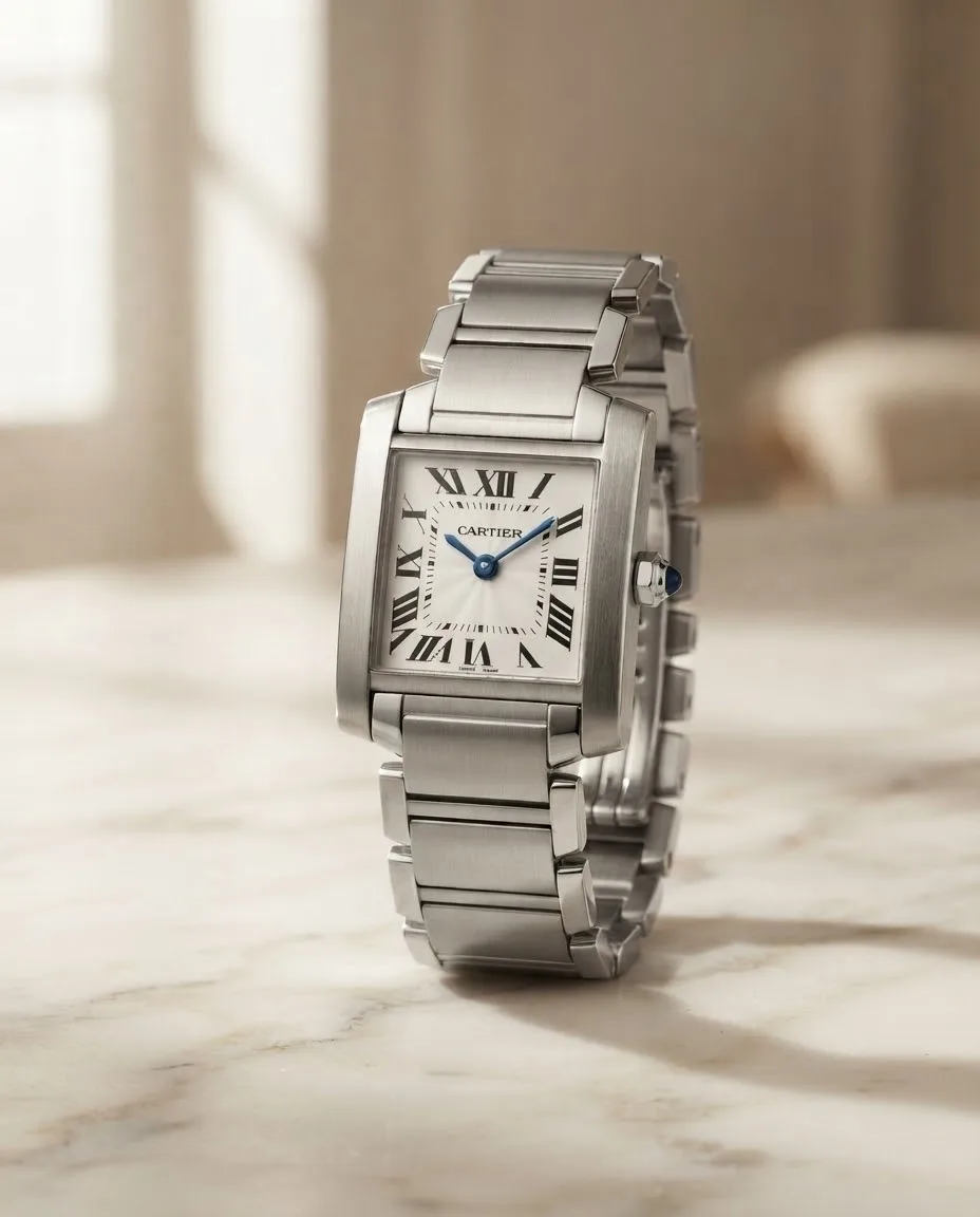 Illustrative render — hero view of the Cartier Tank Francaise small quartz (steel, silver dial, steel bracelet)
