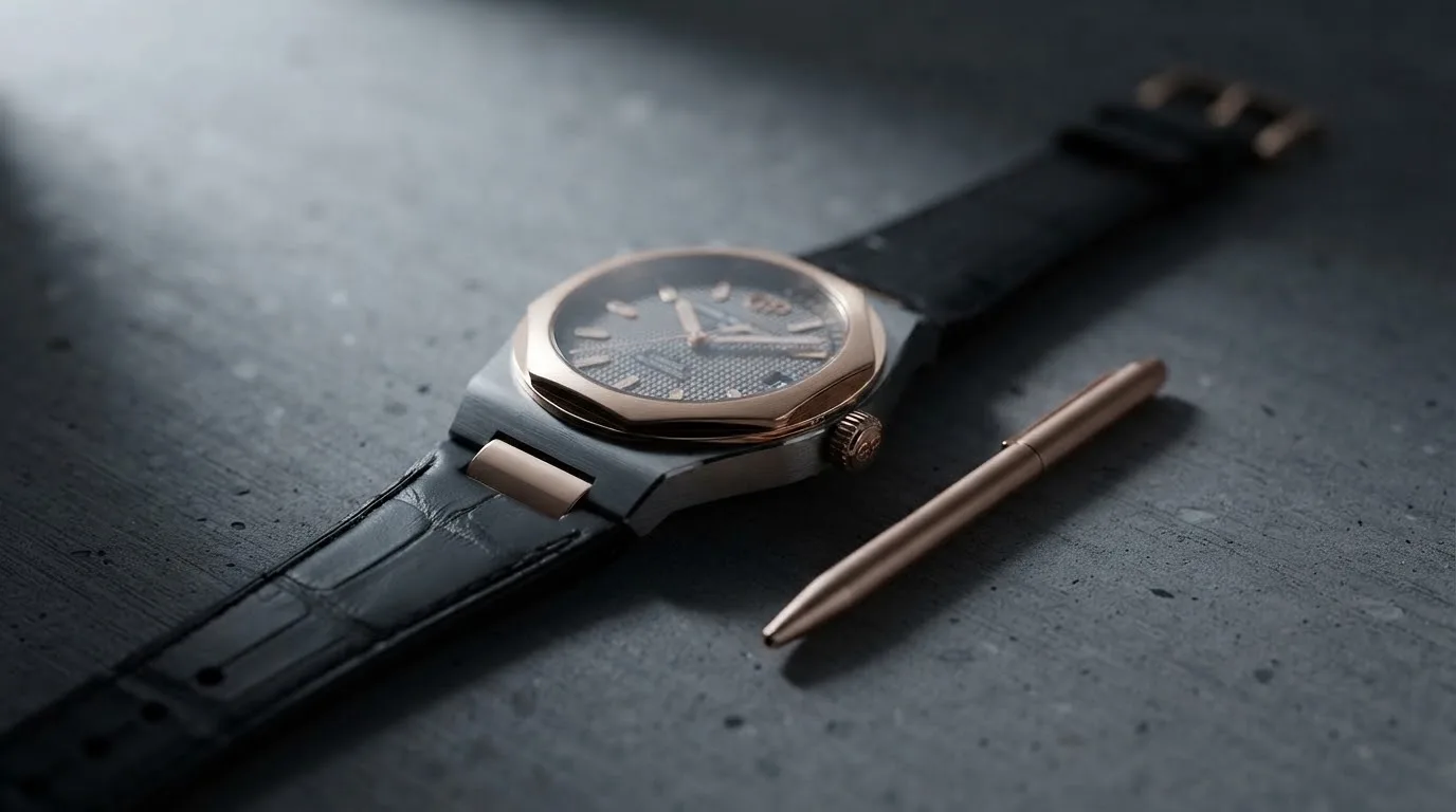 Illustrative render — hero view of the Girard-Perregaux Laureato 42 (titanium and pink gold, grey Clous de Paris dial, alligator strap)