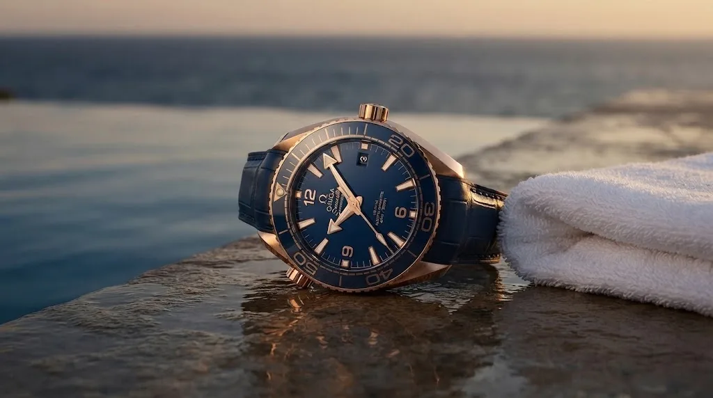 Illustrative render of the Omega Planet Ocean 600M 43.5 (Sedna gold, blue ceramic)