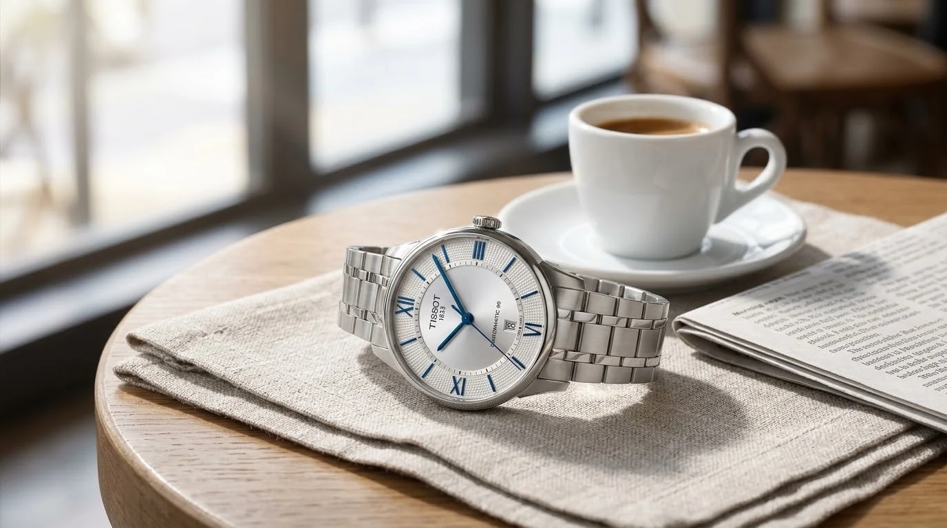 Illustrative render — hero view of the Tissot Chemin des Tourelles Powermatic 80