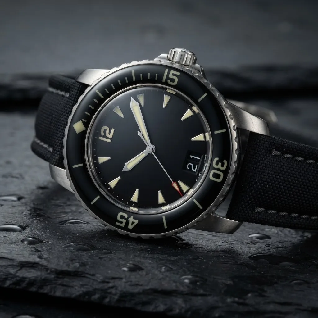 Illustrative render — hero view of the Blancpain Fifty Fathoms Grande Date 5050-12B30-B52A (steel, black dial, sail-canvas strap)