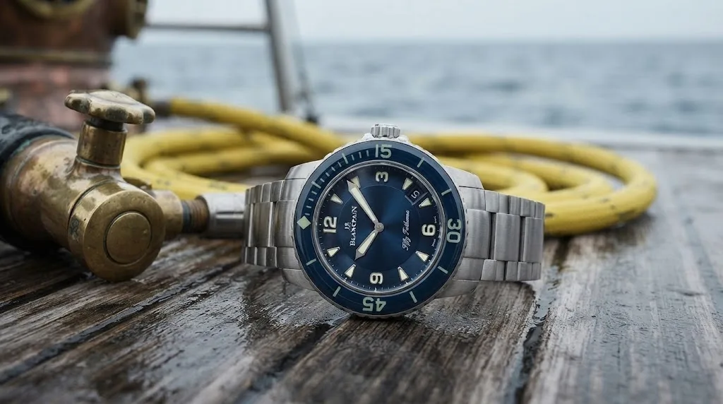 Illustrative render of the Blancpain Fifty Fathoms 45 (titanium, blue)