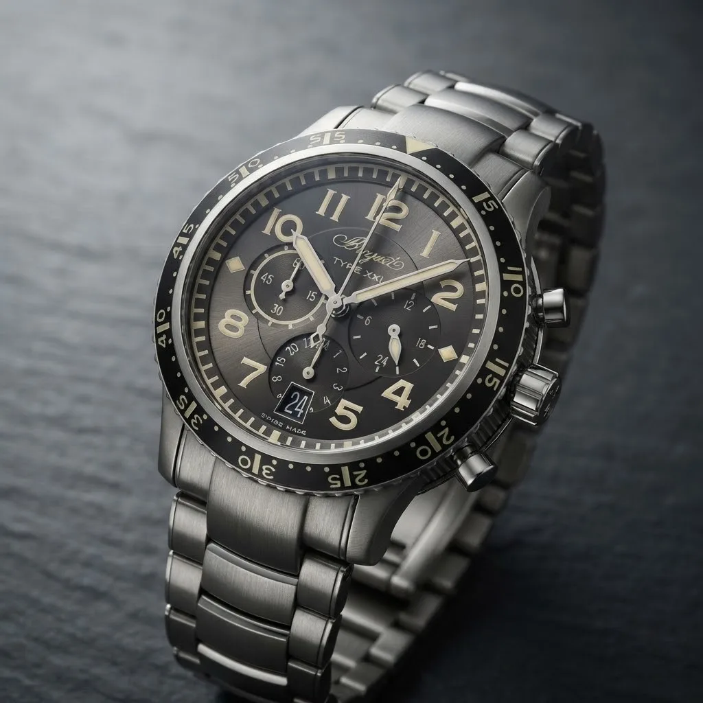 Illustrative render — hero view of the Breguet Type XXI Transatlantique 3810TI/H2/TZ9 (titanium, ruthenium dial, titanium bracelet)