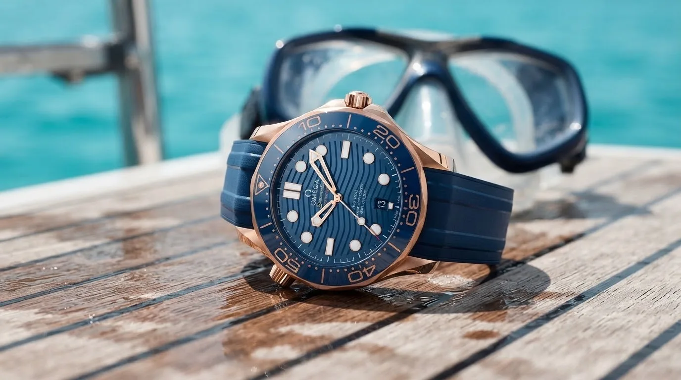 Illustrative render of the Omega Seamaster Diver 300M 42 (Sedna gold)