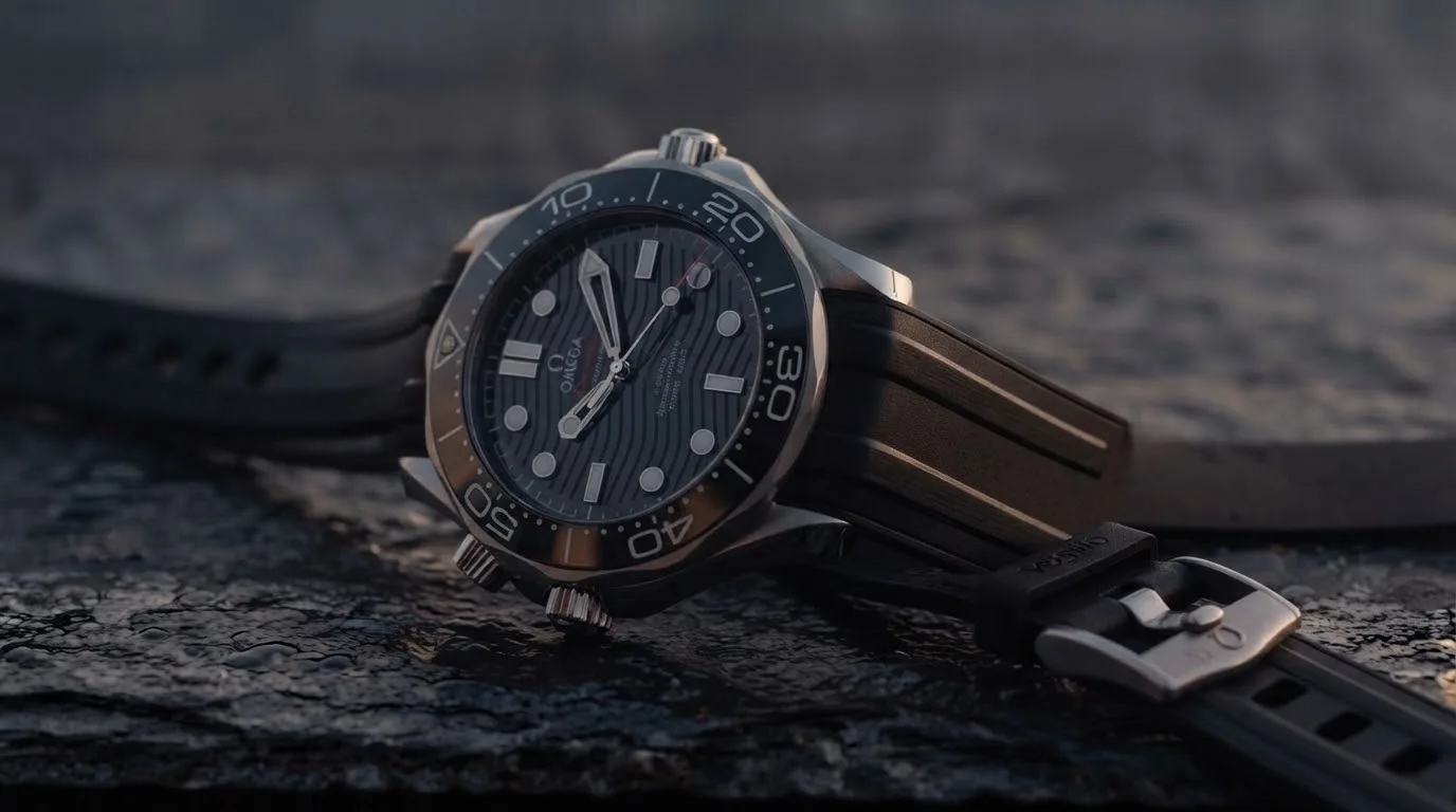 Illustrative render — hero view of the Omega Seamaster Diver 300M Co-Axial Master Chronometer 42mm 210.32.42.20.01.001 (steel, black ceramic dial, black rubber strap)
