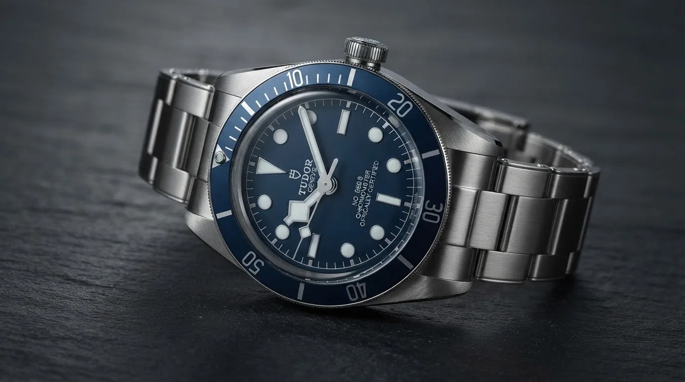 Illustrative render — hero view of the Tudor Black Bay Fifty-Eight 39mm M79030B-0001 (steel, navy blue bezel and dial, riveted steel bracelet)
