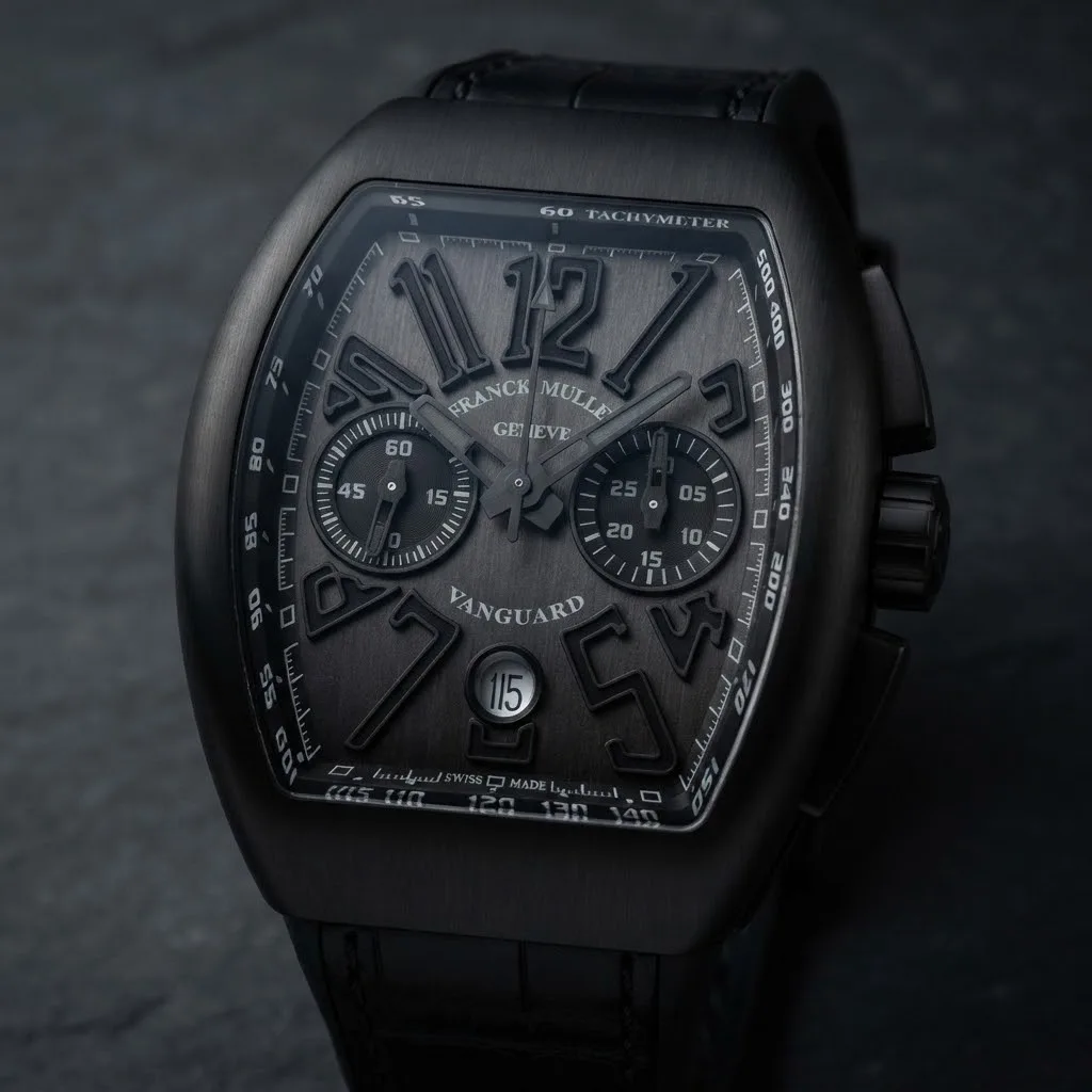 Illustrative render — hero view of the Franck Muller Vanguard V 45 CC DT chronograph (black titanium, grey dial, black alligator strap)