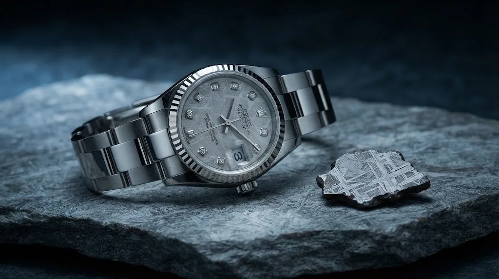 Illustrative render — hero view of the Rolex Datejust 31 78274 (steel, white gold fluted bezel, meteorite diamond dial, box and papers)