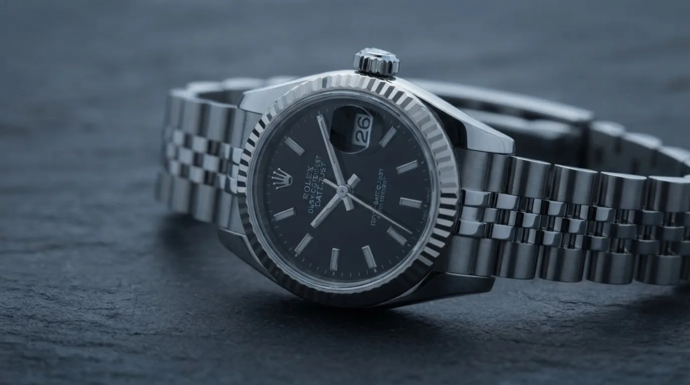 Illustrative render — hero view of the Rolex Lady-Datejust 26 ref. 79174 (steel, white gold fluted bezel, black dial, Jubilee bracelet, pre-owned)