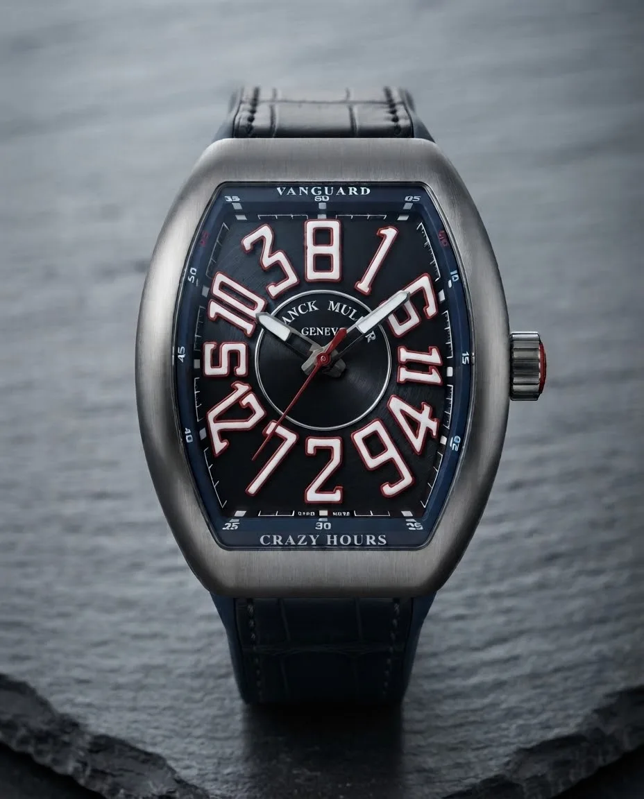 Illustrative render — hero view of the Franck Muller Vanguard Crazy Hours V 45 CH TT (black dial, white numerals outlined in red, black alligator-grain leather-insert strap)
