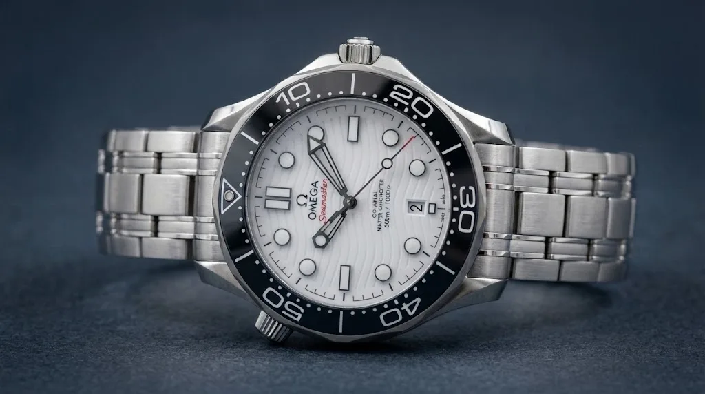 Illustrative render — hero view of the Omega Seamaster Diver 300M Co-Axial Master Chronometer 42mm 210.30.42.20.04.001 (steel, white ceramic dial, steel bracelet)