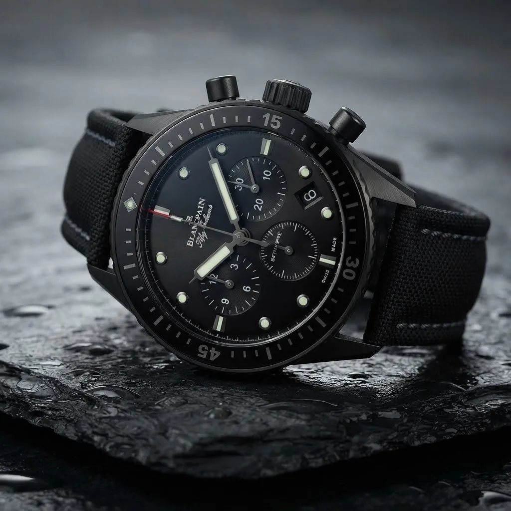 Illustrative render — hero view of the Blancpain Fifty Fathoms Bathyscaphe Chronographe Flyback 5200-0130-B52A (black ceramic, sail-canvas strap)