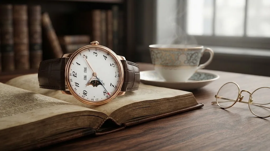 Illustrative render of the Blancpain Villeret Quantième Complet 8 Jours 42 (red gold, enamel)