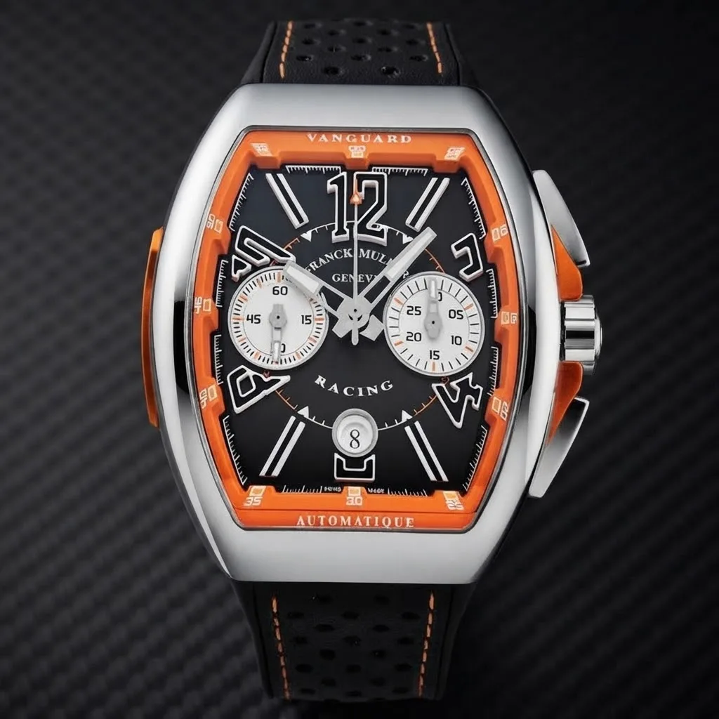 Illustrative render — hero view of the Franck Muller Vanguard Racing V 45 CC DT chronograph (steel, orange inner bezel, black dial, perforated strap)