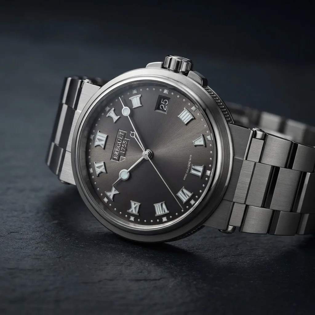 Illustrative render — hero view of the Breguet Marine 5517TI/G2/TZ0 (titanium, slate sunburst dial, titanium bracelet)