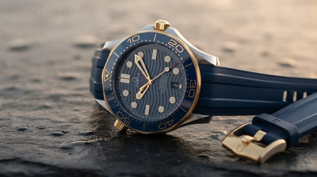 Illustrative render — hero view of the Omega Seamaster Diver 300M Co-Axial Master Chronometer 42mm 210.22.42.20.03.001 (steel and yellow gold, blue ceramic dial, blue rubber strap)