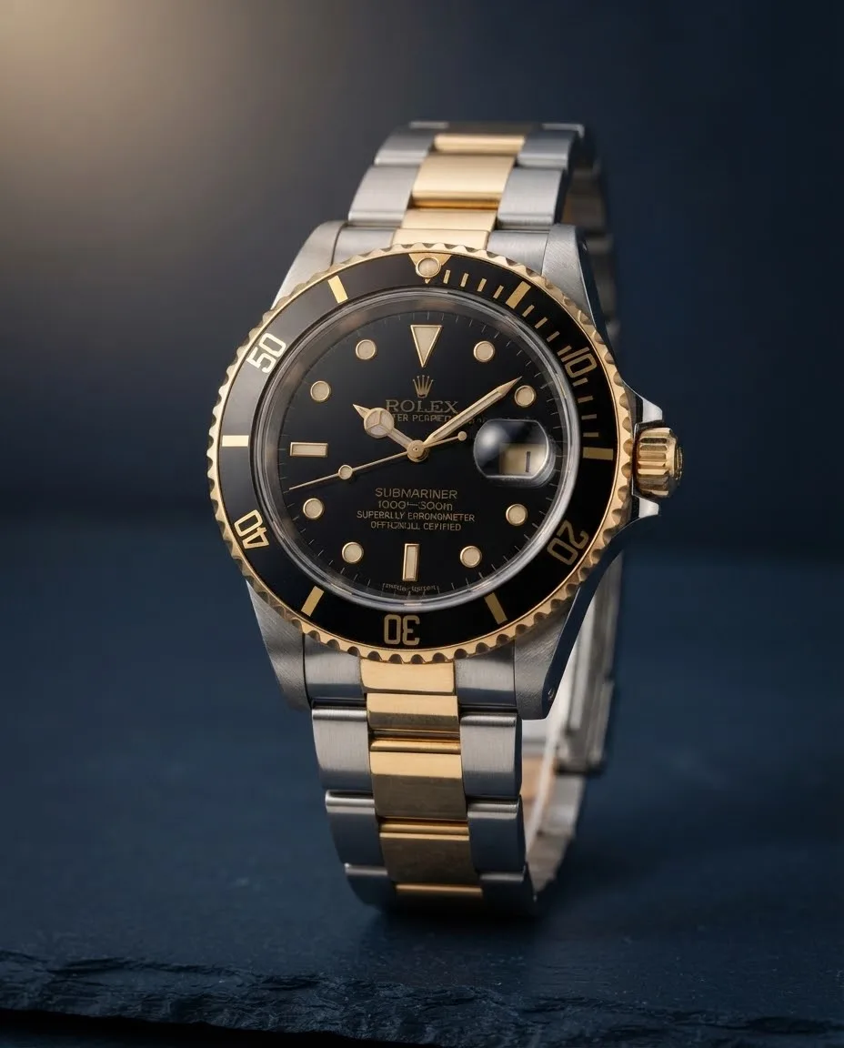 Illustrative render — hero view of the Rolex Submariner Date 16803 (steel and 18k yellow gold, black dial, black bezel)