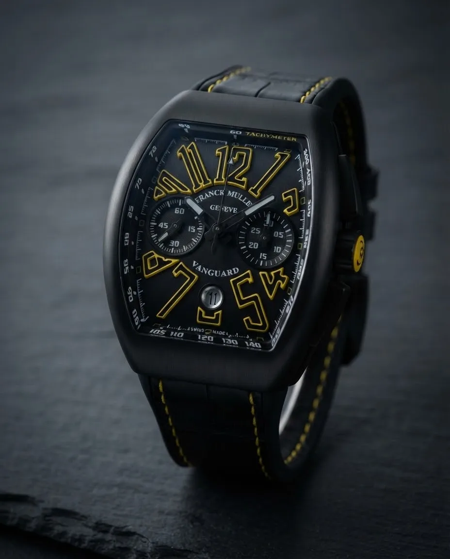 Illustrative render — hero view of the Franck Muller Vanguard V 45 CC DT chronograph (black titanium, black dial, yellow-outlined numerals, black leather-insert strap with yellow stitching)