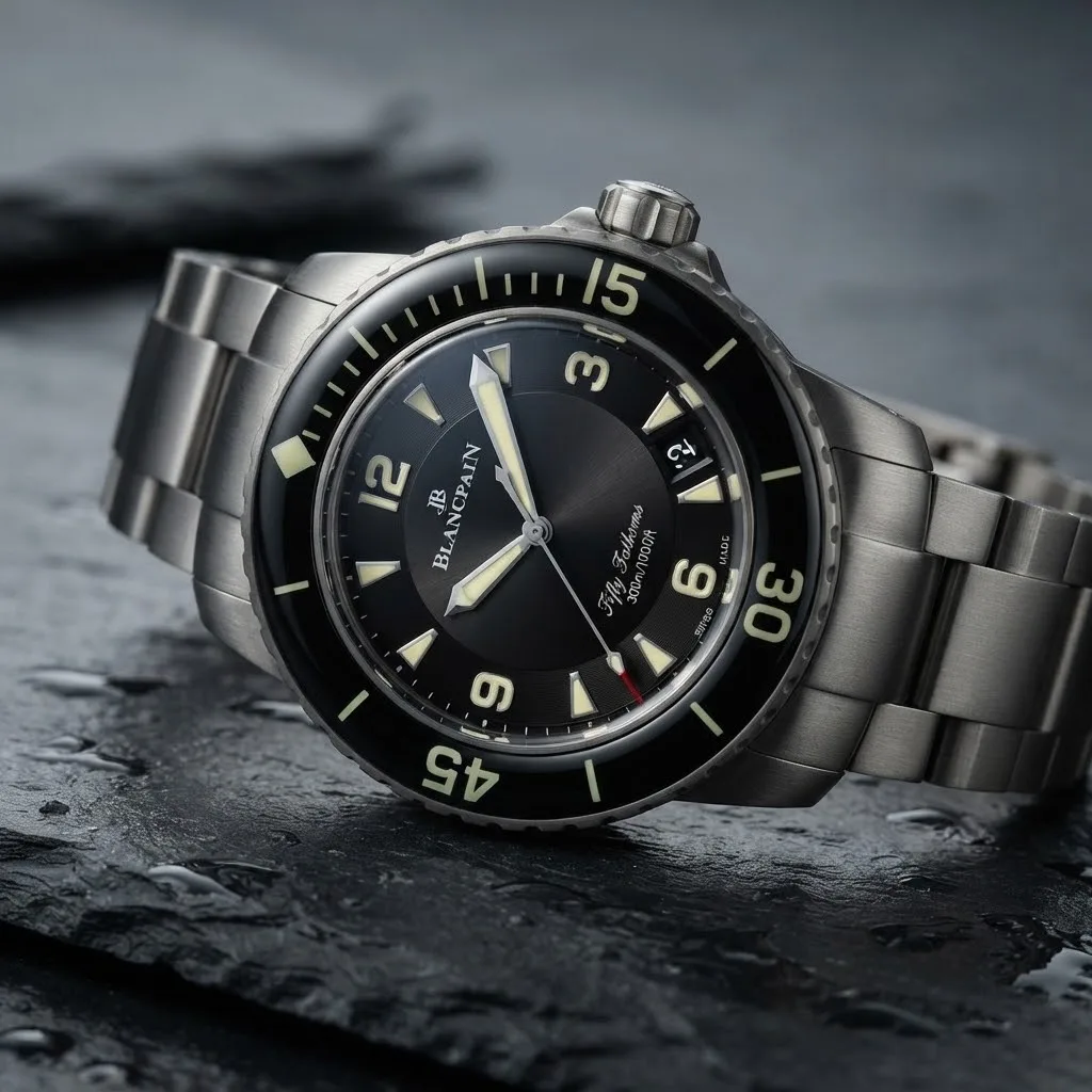 Illustrative render — hero view of the Blancpain Fifty Fathoms Automatique 5015-12B30-98 (titanium, black dial, titanium bracelet)
