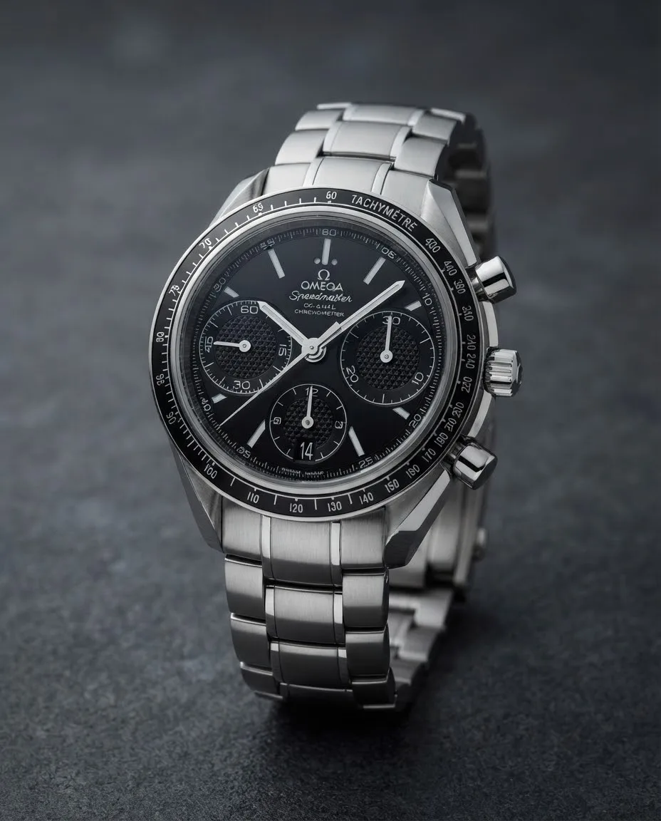 Illustrative render — hero view of the Omega Speedmaster Racing Co-Axial Chronograph 40mm (steel, black dial, bracelet)
