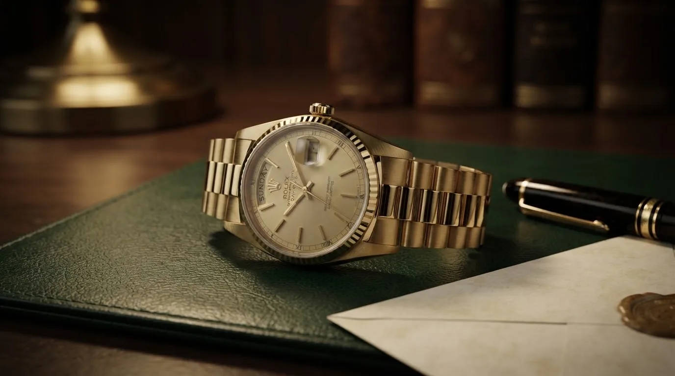 Illustrative render — hero view of the Rolex Day-Date 18038 (18k yellow gold, champagne dial, President, box and papers)