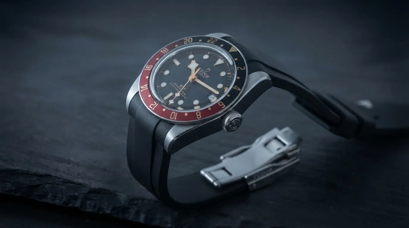 Illustrative render — hero view of the Tudor Black Bay 58 GMT 39mm M7939G1A0NRU-0002 (steel, black and burgundy 24-hour bezel, black gilt dial, rubber strap)