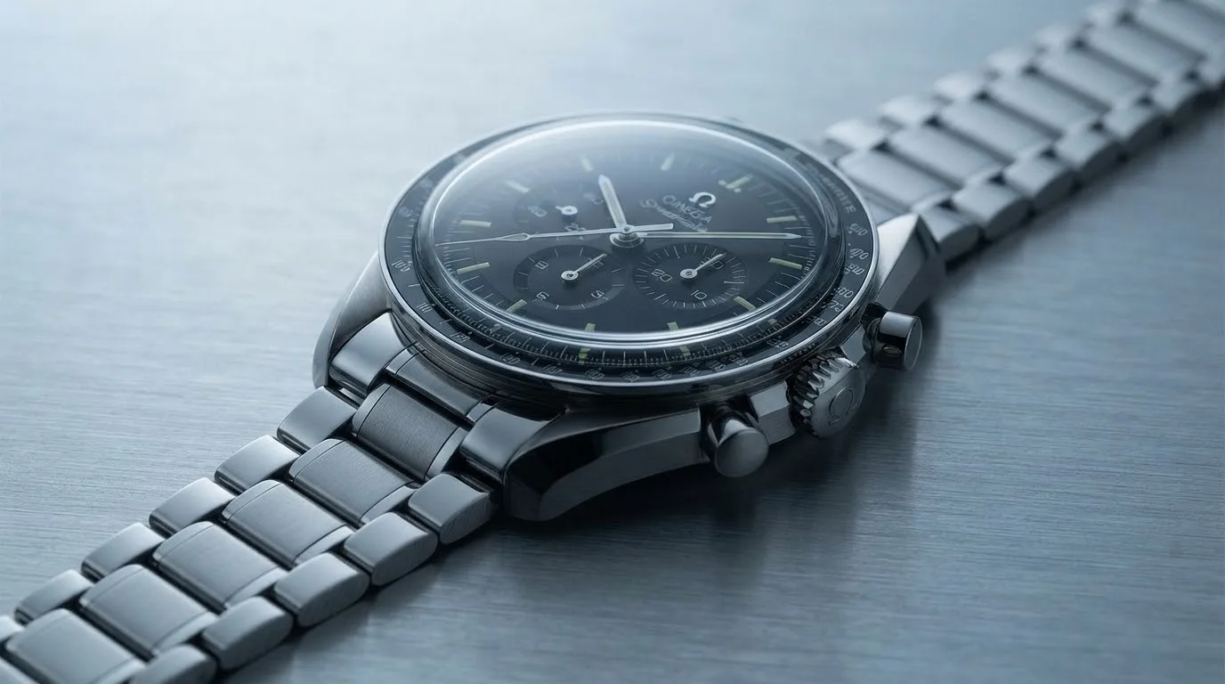 Illustrative render — hero view of the Omega Speedmaster Moonwatch Professional 42mm 311.30.42.30.01.005 (calibre 1861, hesalite, steel bracelet)