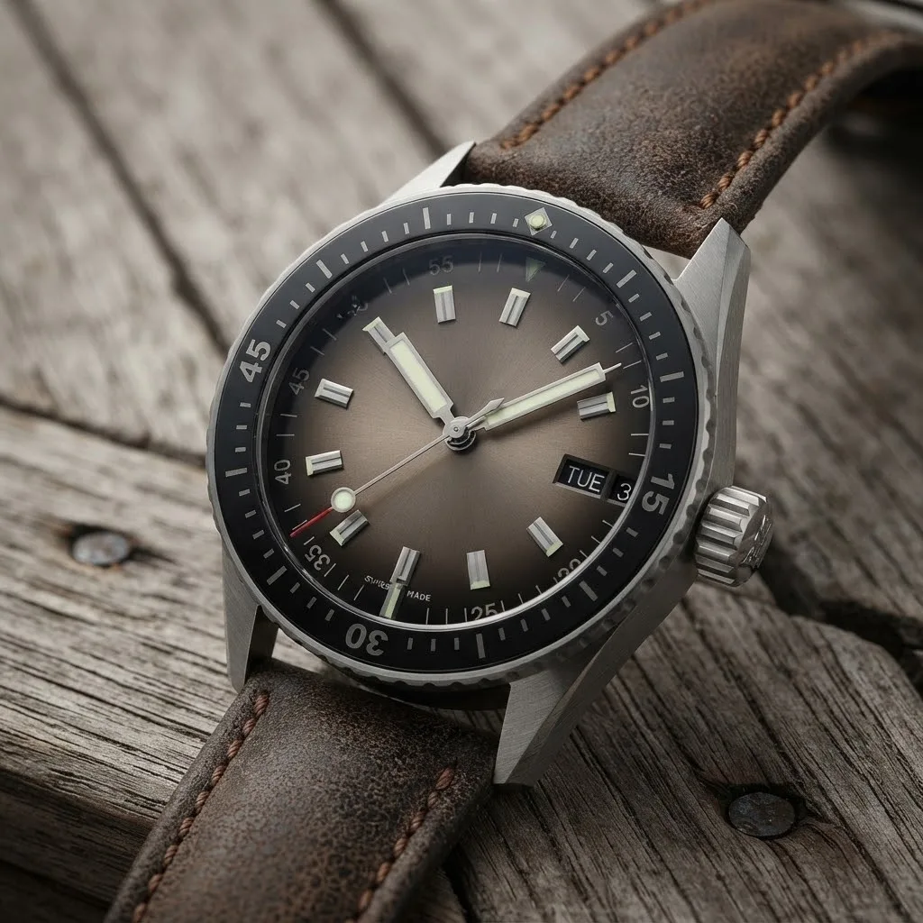 Illustrative render — hero view of the Blancpain Fifty Fathoms Bathyscaphe Day Date 70s (steel, gradient dial, vintage calf strap)