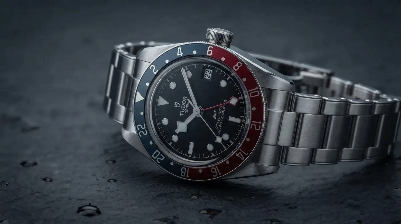 Illustrative render — hero view of the Tudor Black Bay GMT 41mm M79830RB-0001 (steel, burgundy and blue bezel, black dial, riveted steel bracelet)