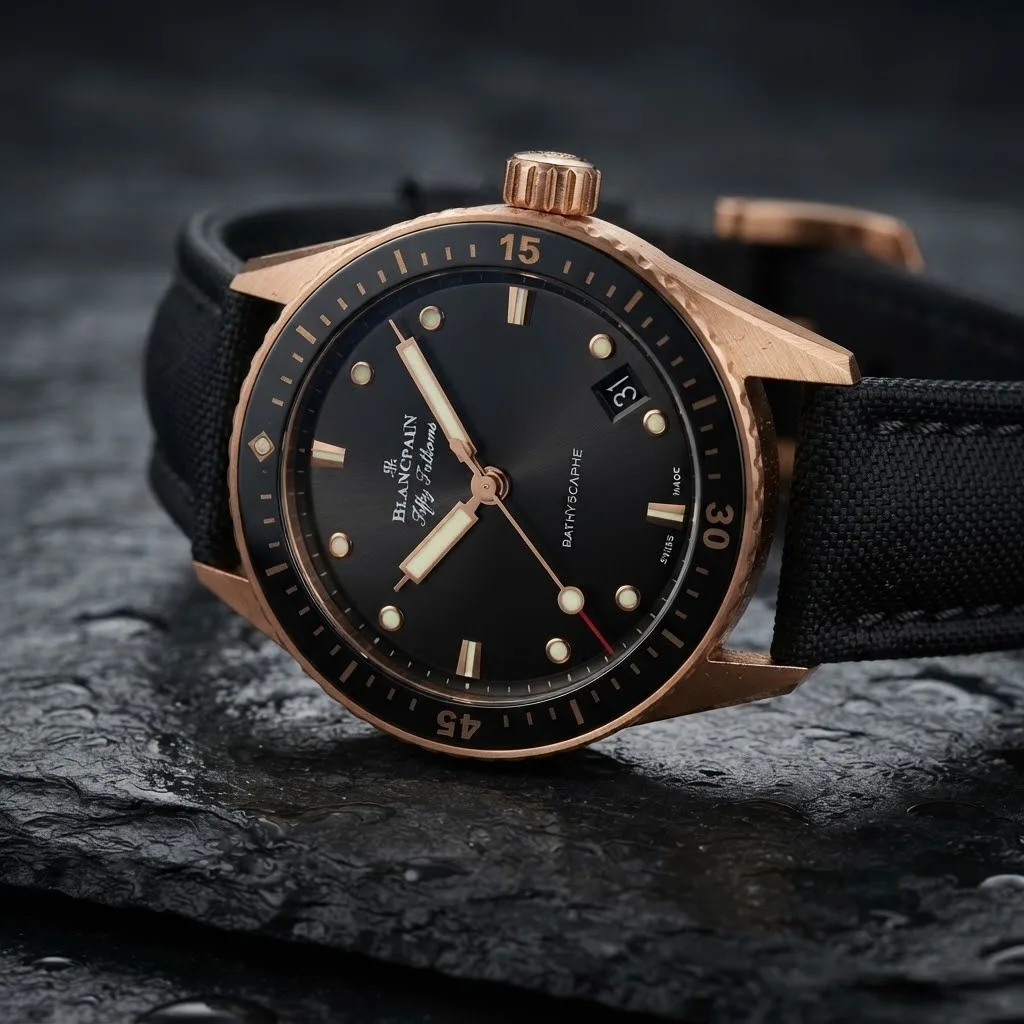 Illustrative render — hero view of the Blancpain Fifty Fathoms Bathyscaphe 5000-36S30-B52A (18k red gold, black ceramic bezel, sail-canvas strap)