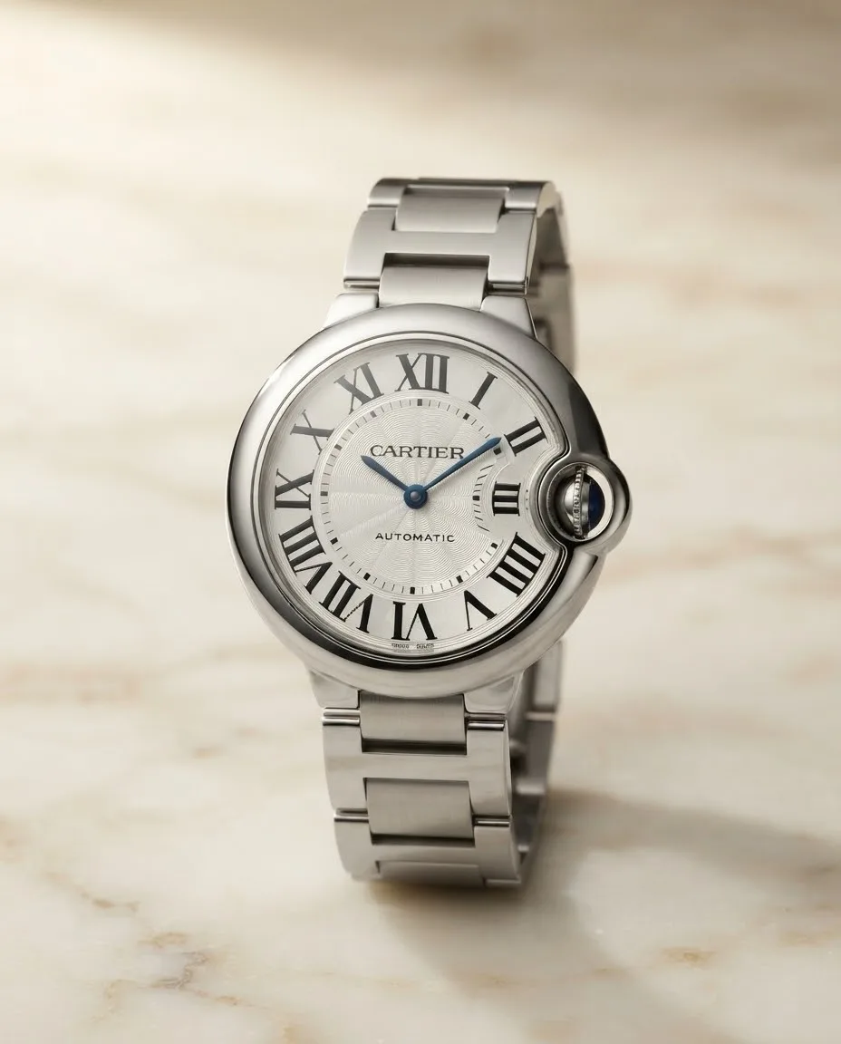 Illustrative render — hero view of the Cartier Ballon Bleu de Cartier 33mm automatic (steel, silver dial, steel bracelet)