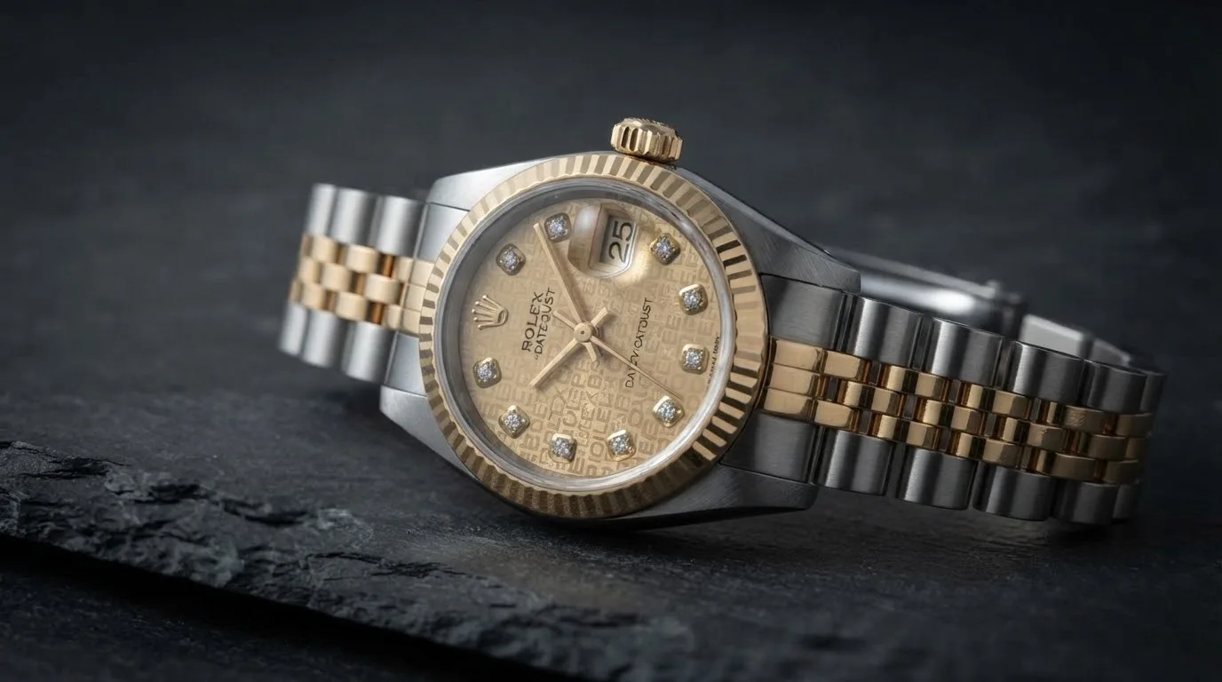 Illustrative render — hero view of the Rolex Lady-Datejust 26 ref. 179173 (steel and 18k yellow gold, champagne Jubilee-pattern dial with diamond markers, fluted bezel, Jubilee bracelet, pre-owned)
