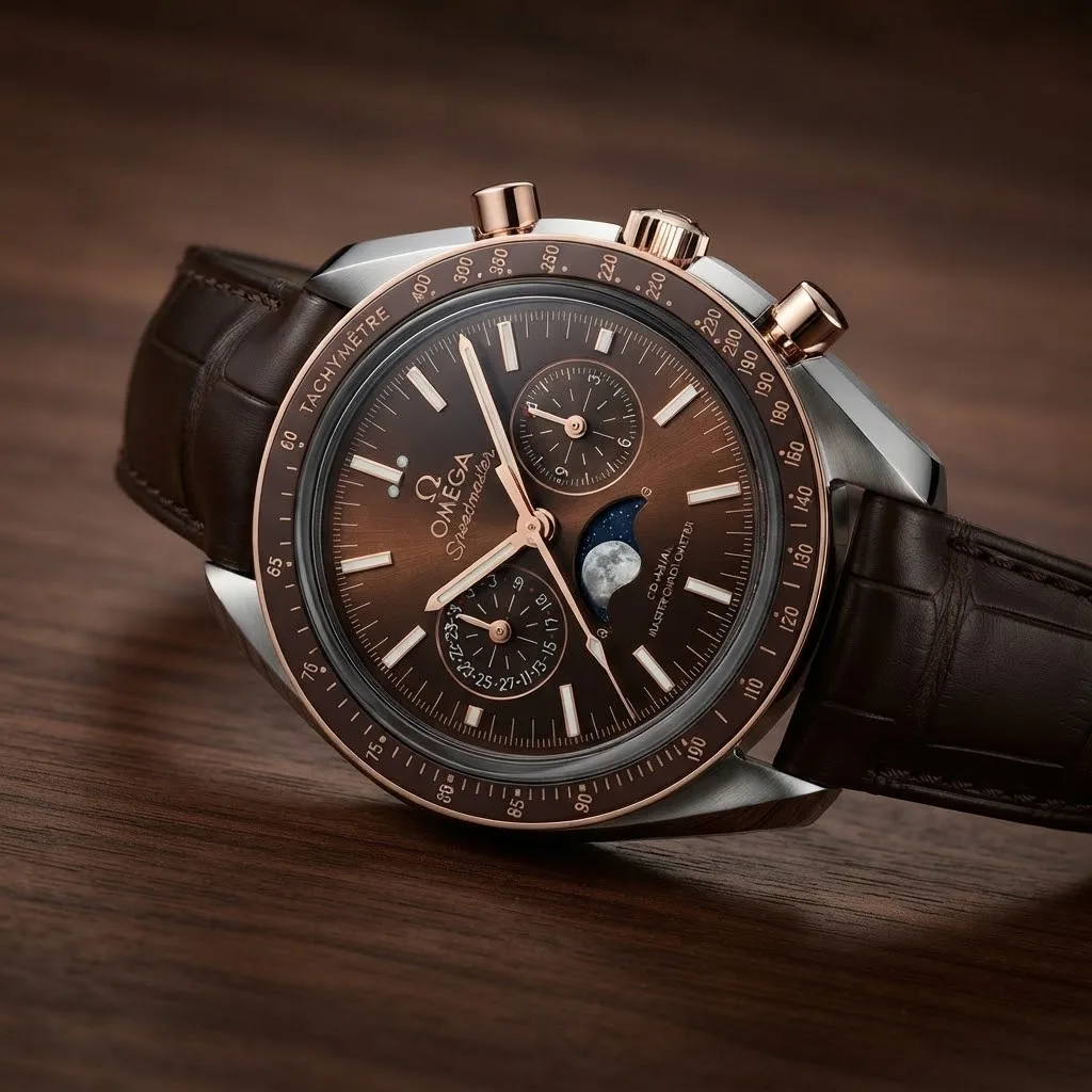 Illustrative render — hero view of the Omega Speedmaster Moonphase Co-Axial Master Chronometer 304.23.44.52.13.001 (steel and Sedna gold, brown dial, alligator strap)