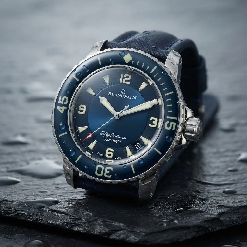 Illustrative render — hero view of the Blancpain Fifty Fathoms Automatique 5015-12B40-O52A (steel, blue dial, blue sail-canvas strap)