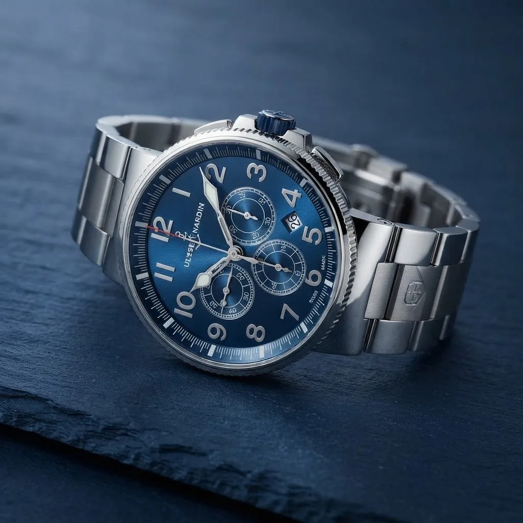 Illustrative render — hero view of the Ulysse Nardin Marine Chronograph Manufacture 1503-150-7M/63 (steel, blue dial, bracelet)