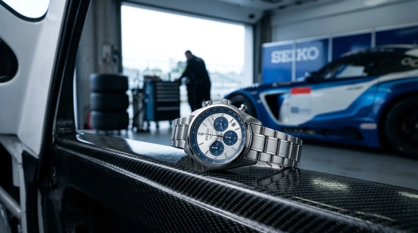 Illustrative render — hero view of the Seiko Chronograph SSB427 "Blue Panda"