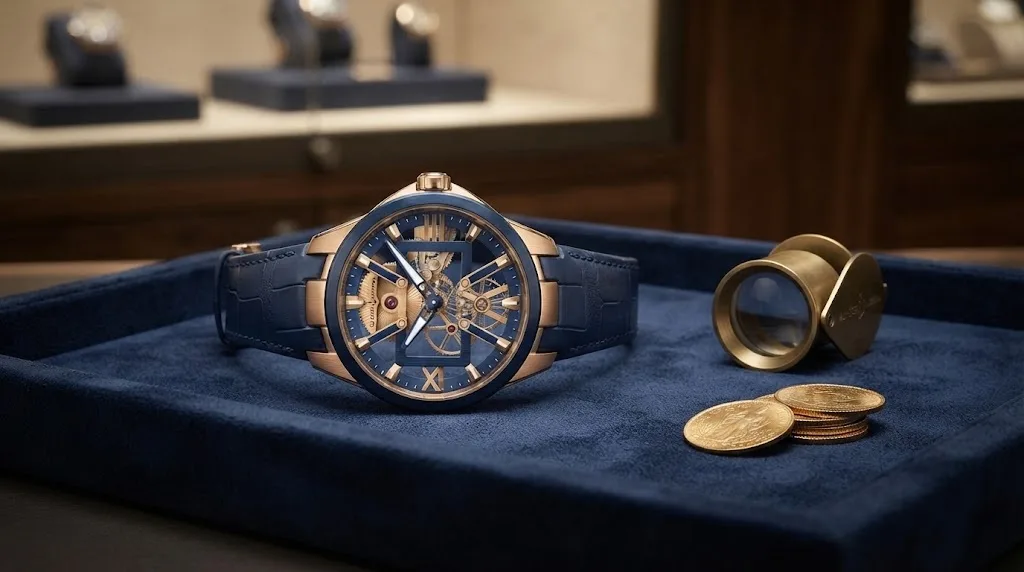 Illustrative render of the Ulysse Nardin Executive Skeleton X 42 (rose gold, blue)