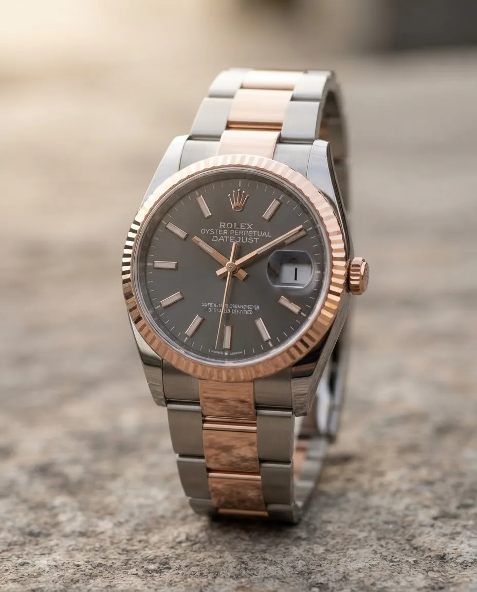 Illustrative render — hero view of the Rolex Datejust 36 126231 (steel and Everose gold, fluted bezel, dark dial, Oyster bracelet)
