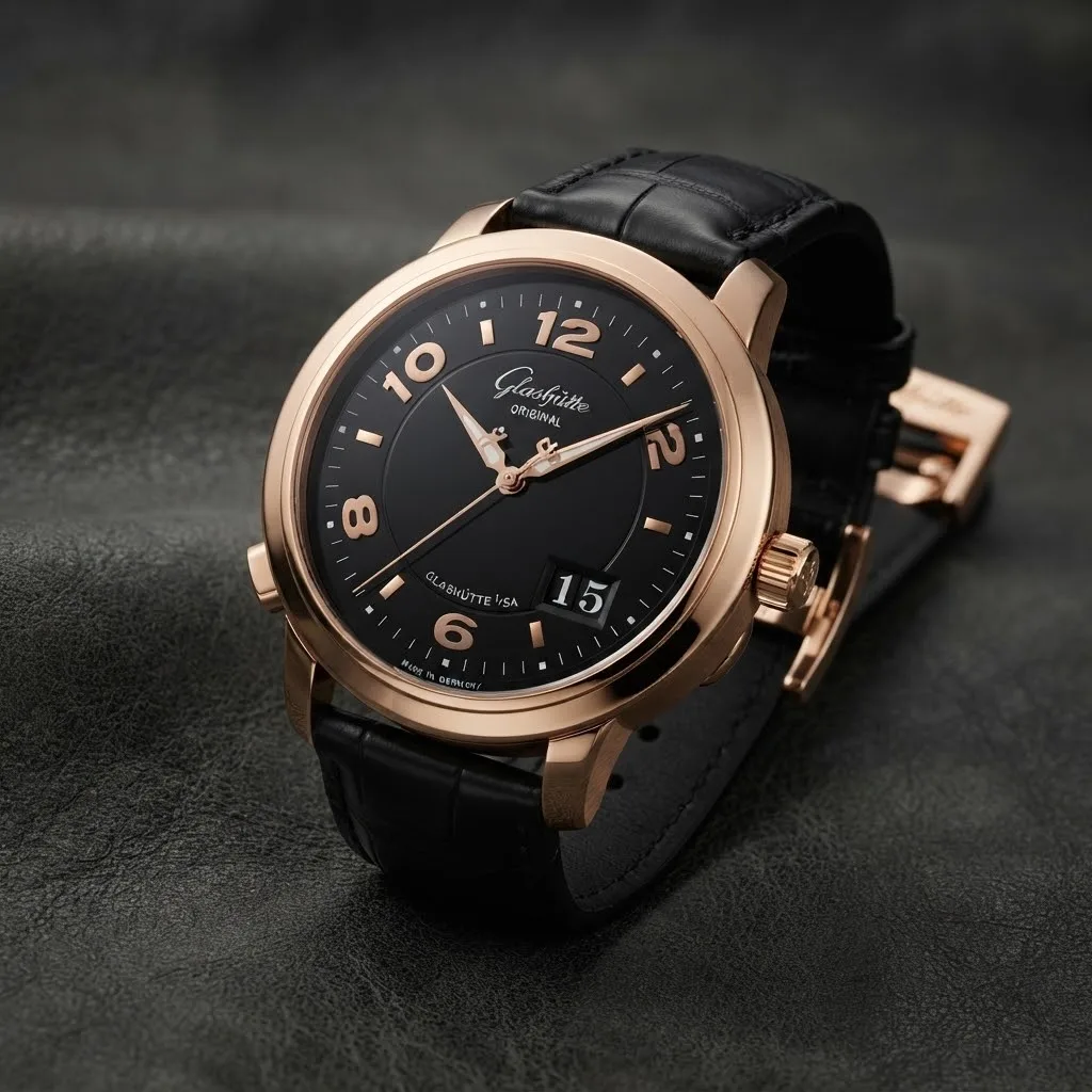 Illustrative render — hero view of the Glashütte Original PanoMaticCentral XL (18k rose gold, black dial, alligator strap)