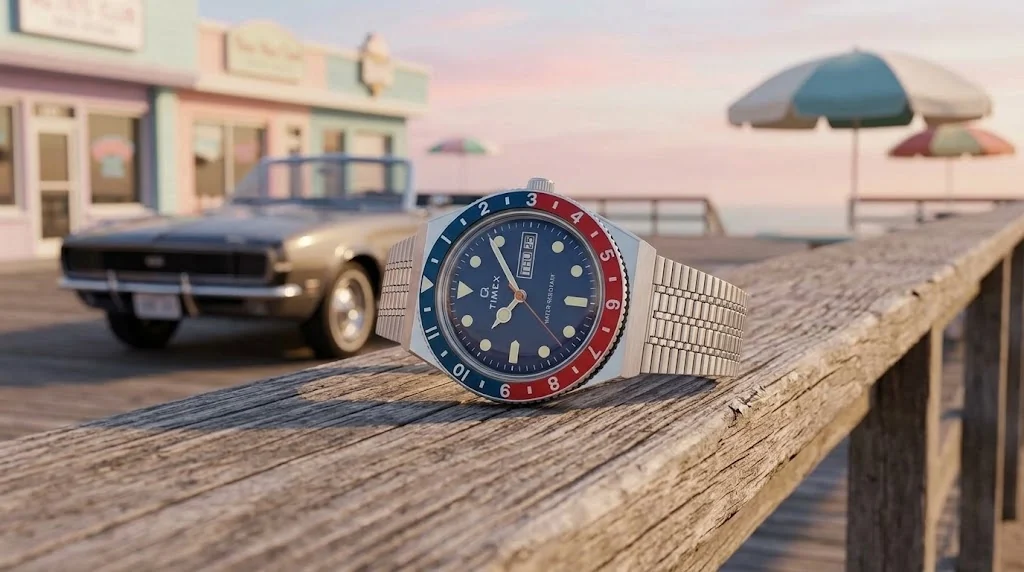 Illustrative render — hero view of the Timex Q Timex Reissue