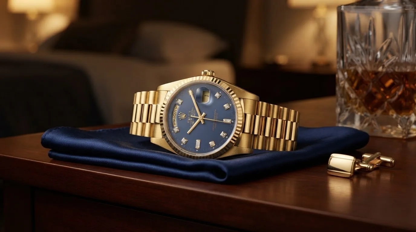 Illustrative render of the Rolex Day-Date 18238 (yellow gold, blue diamond dial)