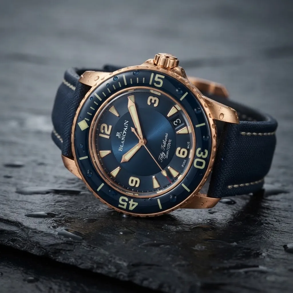 Illustrative render — hero view of the Blancpain Fifty Fathoms Automatique 5015-3603C-63B (18k red gold, blue dial, blue sail-canvas strap)