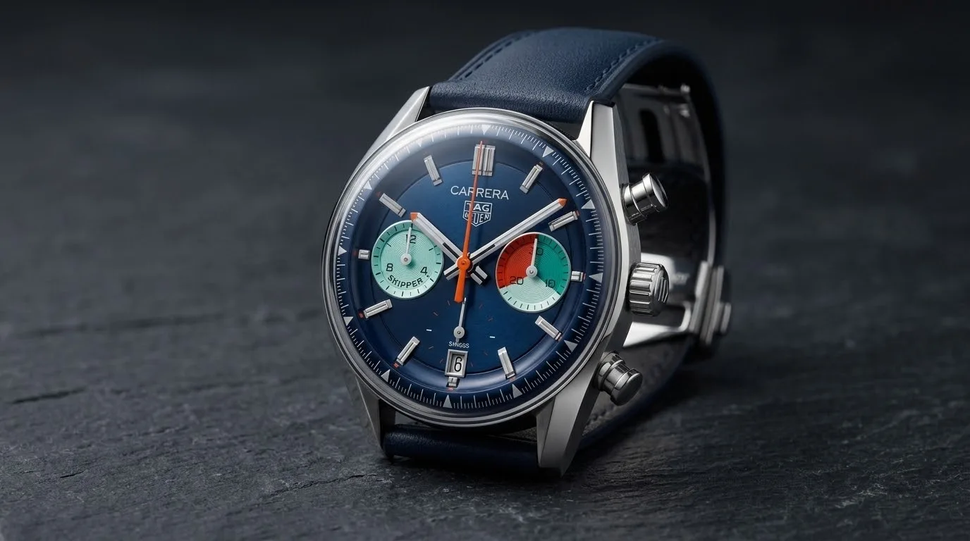 Illustrative render — hero view of the TAG Heuer Carrera Chronograph Skipper 39mm CBS2213.FN6002 (steel, blue dial with teal and orange counters, blue strap)
