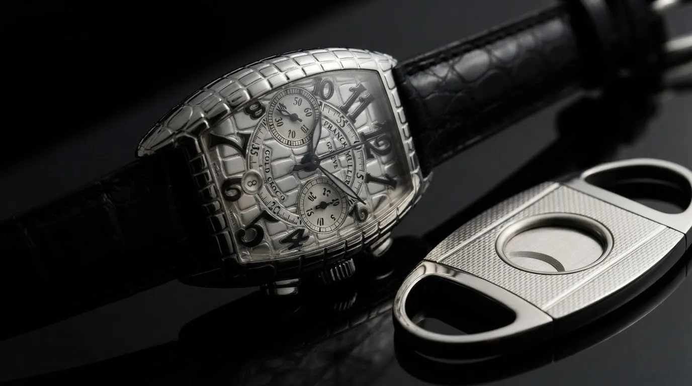 Illustrative render — hero view of the Franck Muller Cintree Curvex Iron Croc chronograph 7880 CC (steel, crocodile-relief case)