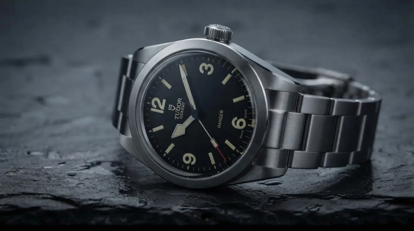 Illustrative render — hero view of the Tudor Ranger 39mm M79950-0001 (steel, black dial, steel bracelet)