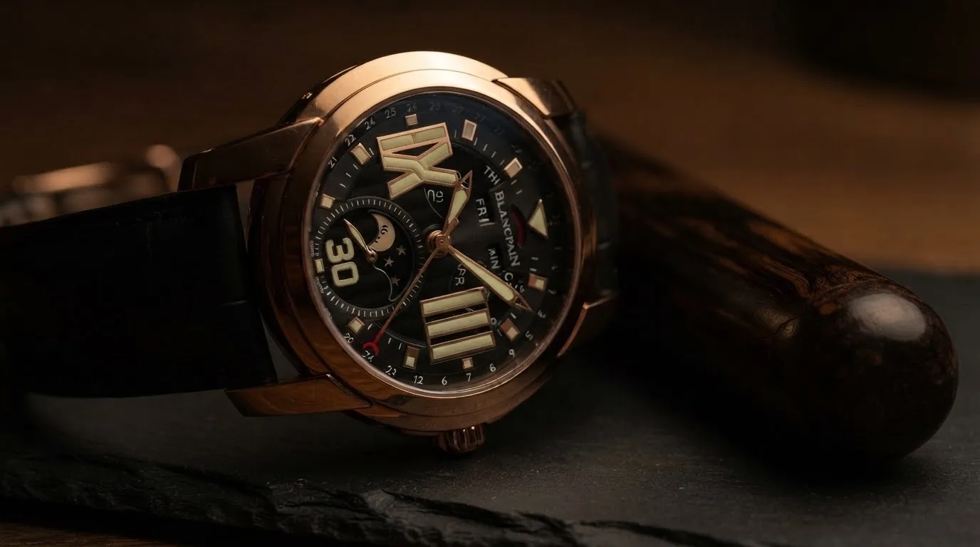 Illustrative render — hero view of the Blancpain L-Evolution Moon Phase 8 Days 8866-3630-53B (18k red gold)