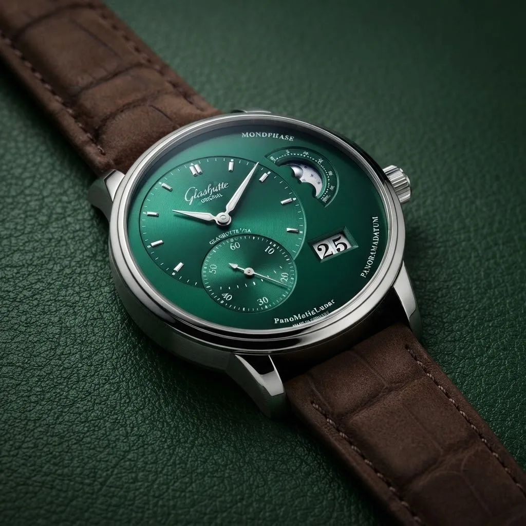 Illustrative render — hero view of the Glashütte Original PanoMaticLunar 1-90-02-13-32-31 (steel, forest green dial, nubuck alligator strap)