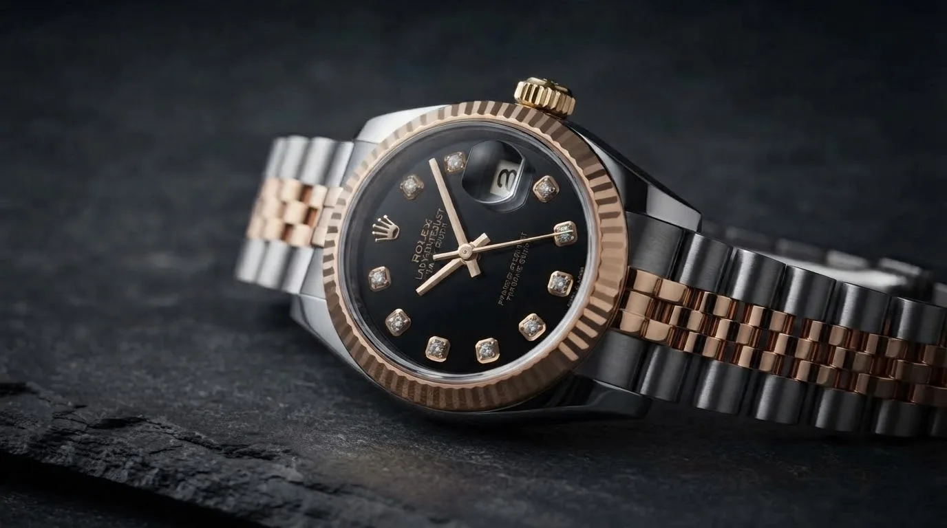 Illustrative render — hero view of the Rolex Lady-Datejust 26 ref. 179171G per the seller (two-tone, black diamond dial, fluted bezel, Jubilee bracelet, serviced, limited warranty, pre-owned)